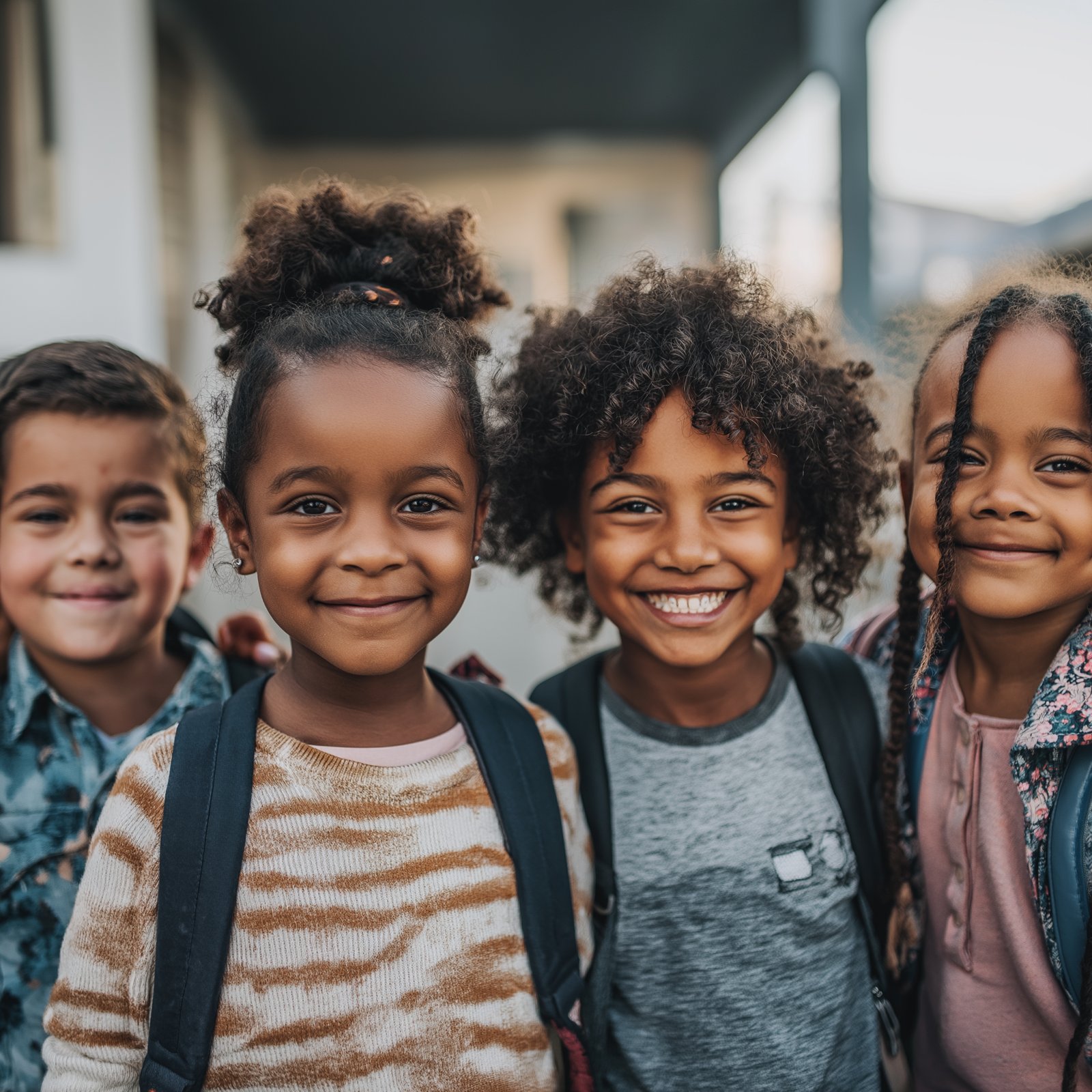 Elementary school students smiling with backpacks on a sunny morning